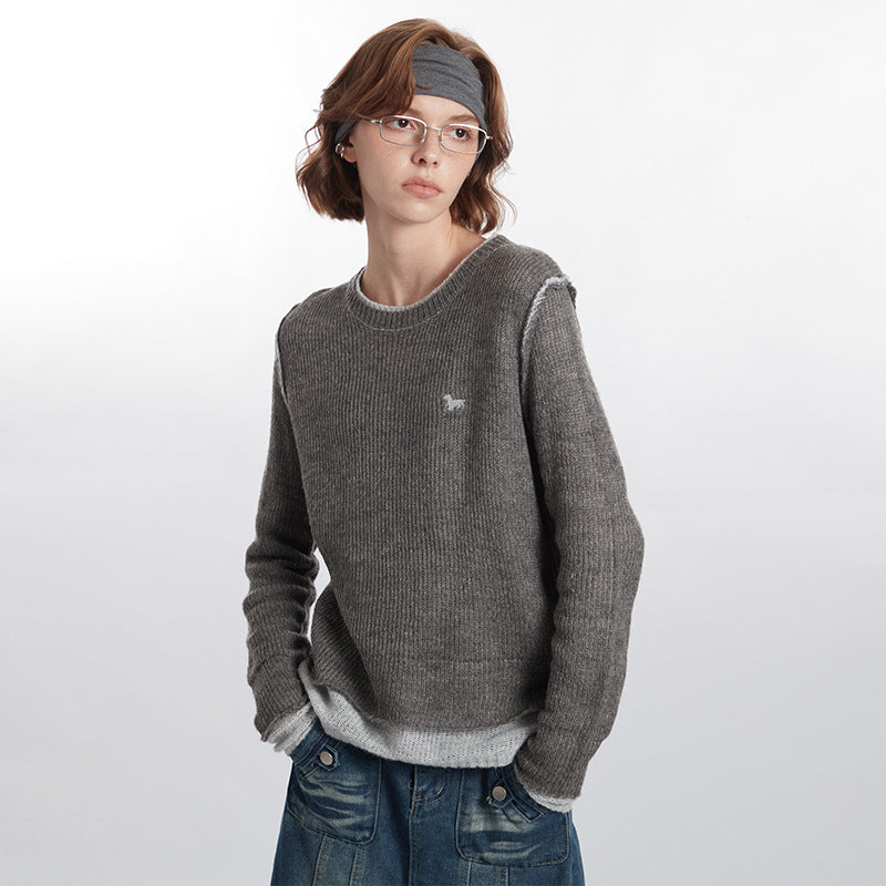 Women's Color Pullover Round Neck Stitching Design Knitted Sweaters