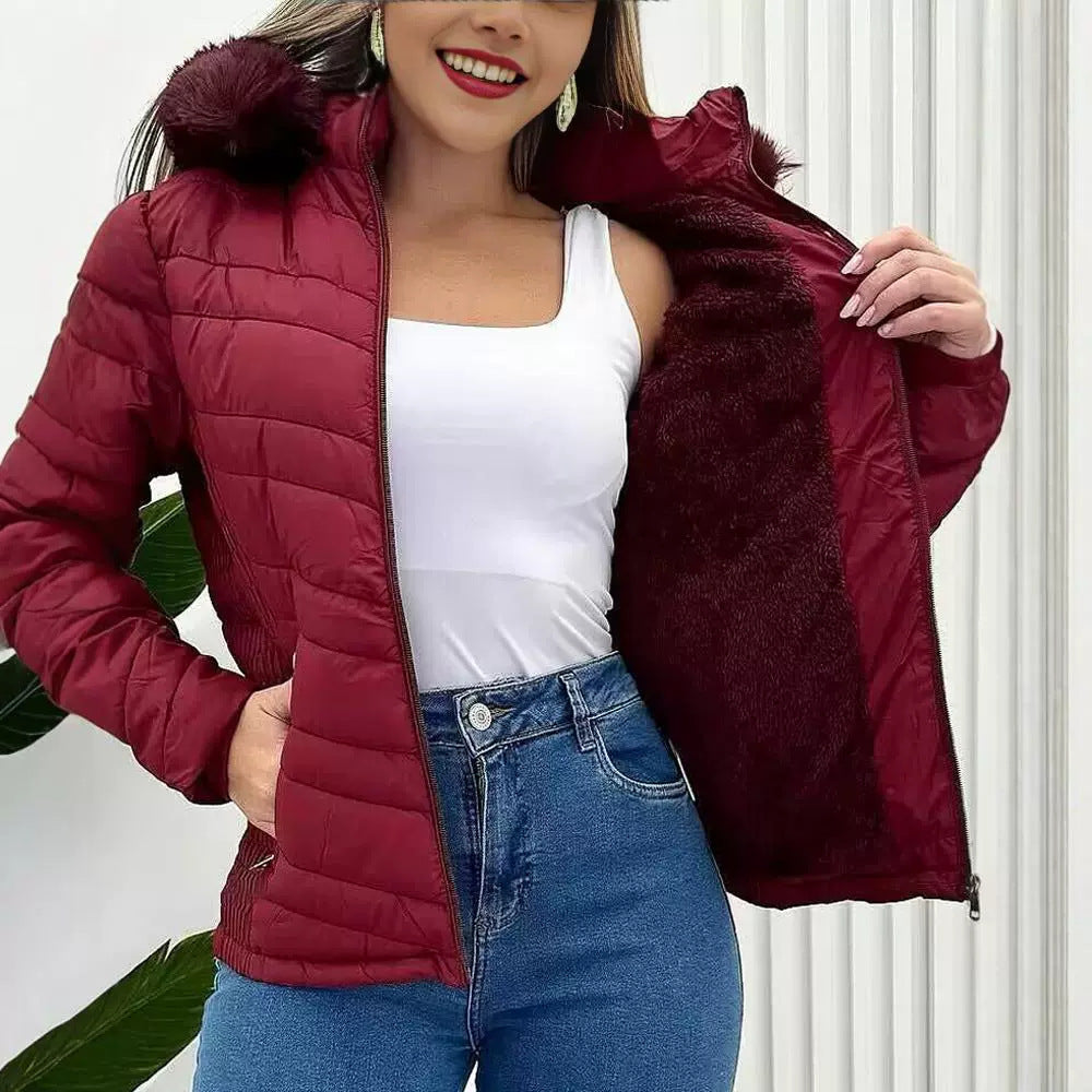 Color Waist Tight Hooded With Fur Blouses