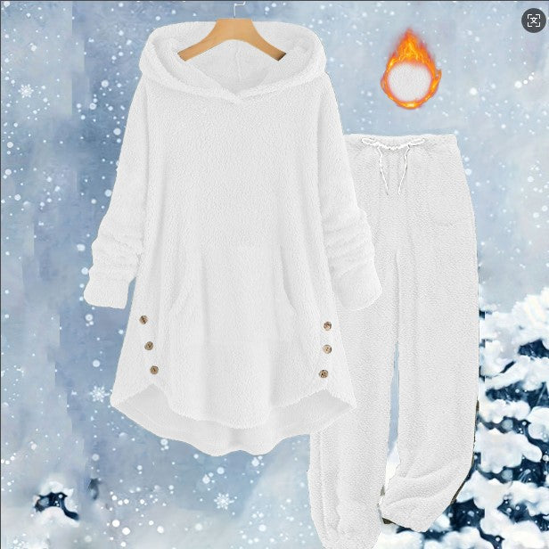 Women's Casual Solid Color Plush Hooded Long Sleeve Suits