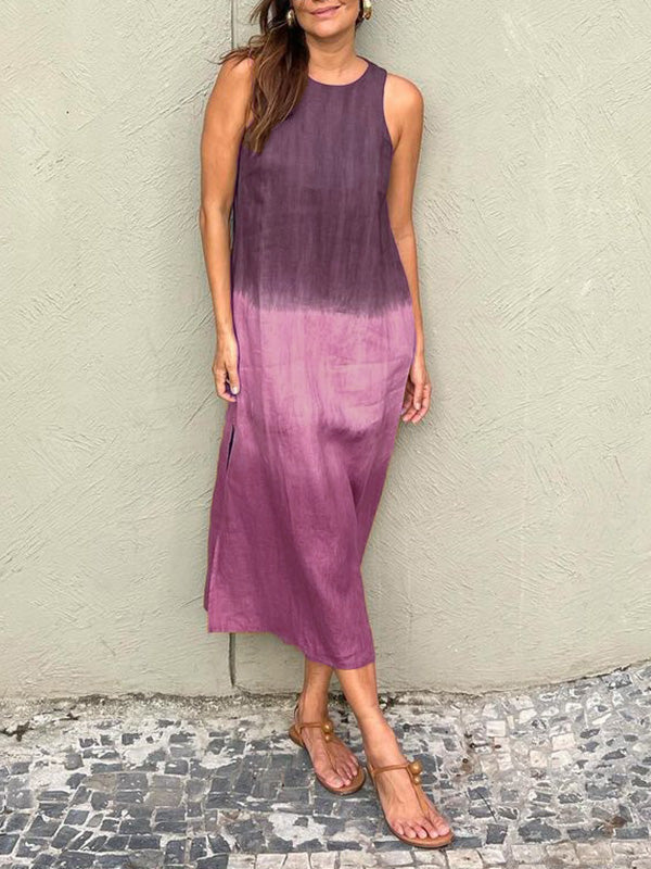 Women's Summer Casual Cotton Linen Sleeveless Slit Dress