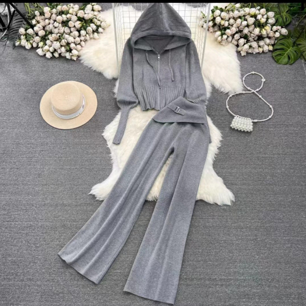Women's Zipper Slim Fit Knitted Hooded Two-piece Set Suits