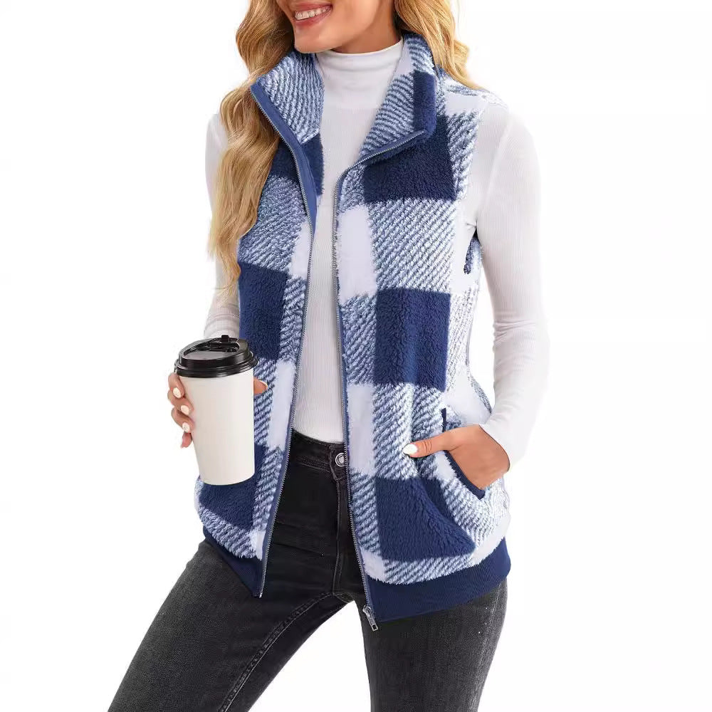 Women's Waistcoat Plaid Comfortable Veet Stand Collar Vests