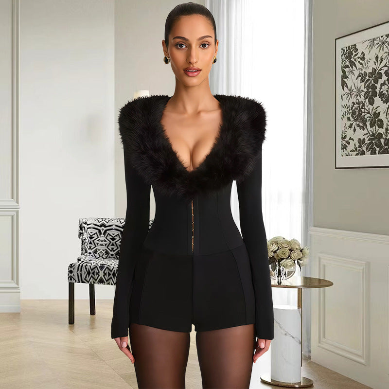 Women's Luxury Fur Collar Sexy Slim Autumn Fashion For Jumpsuits