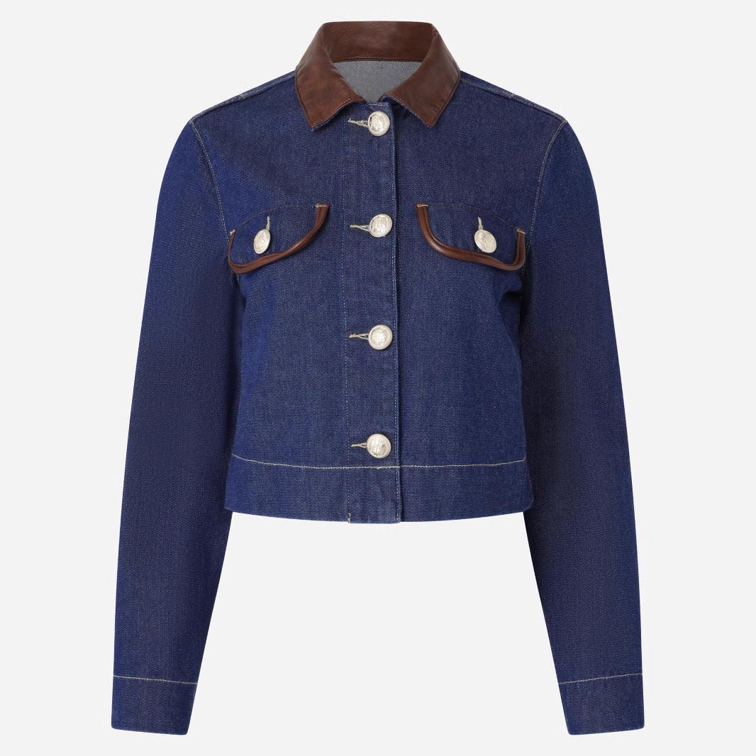 Button Embellishment With Leather Patchwork Collar Coats