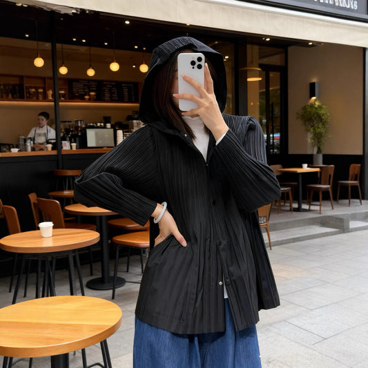 Women's Pleated Trench Fashionable Hooded Button Casual Coats