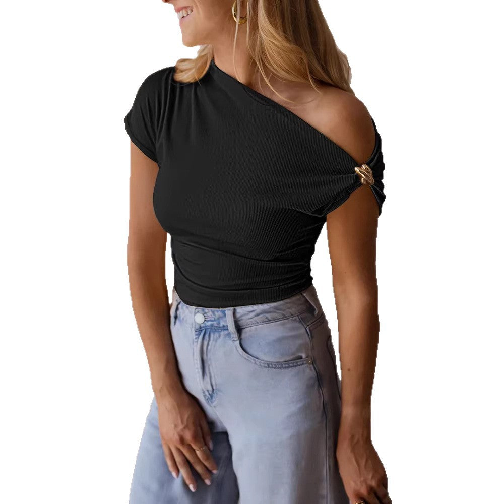 Women's Sunken Stripe Solid Color Metal Decorative Women's T-shirt