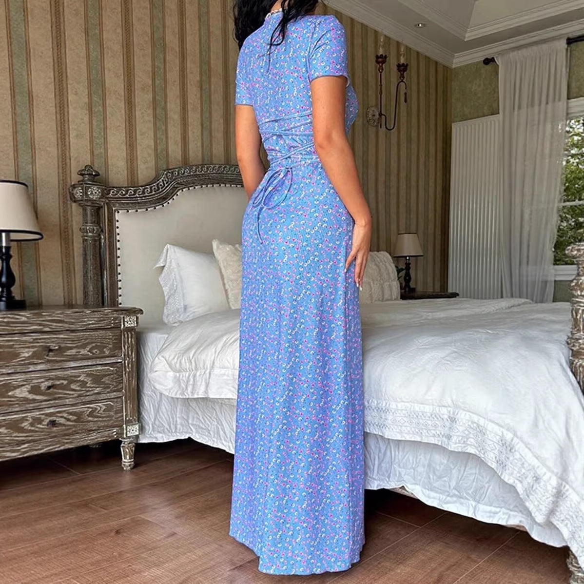 Women's Summer Fashion Printed Collar Back Tie Clothing