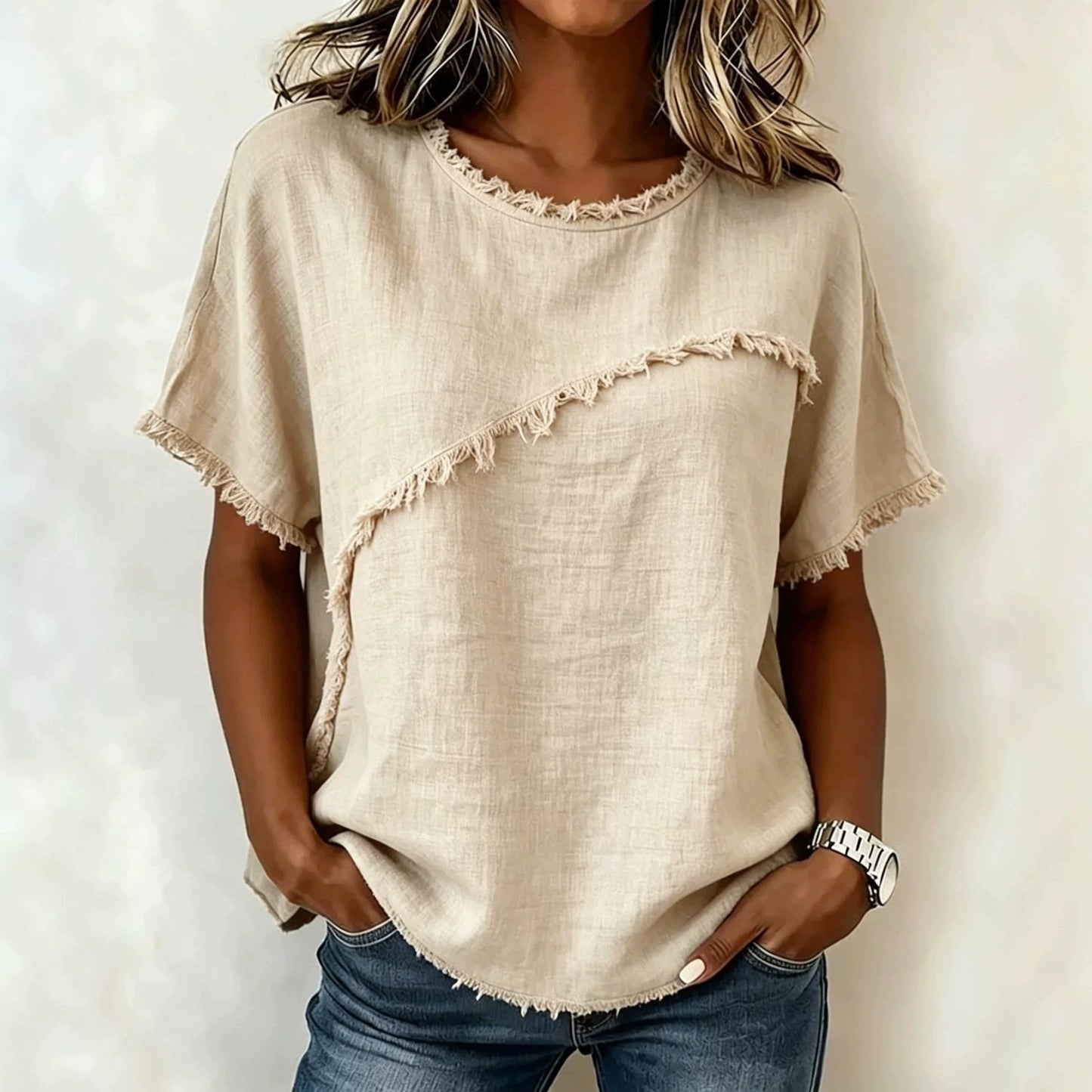 Women's Neck Casual Raw Edge Panel Loose Women's T-shirt