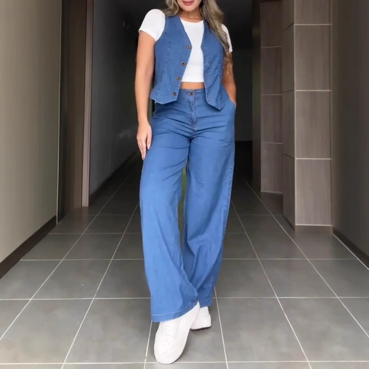 Solid Color Fashion Sleeveless Denim Two-piece Suits
