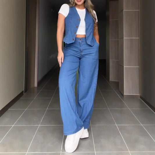 Solid Color Fashion Sleeveless Denim Two-piece Suits