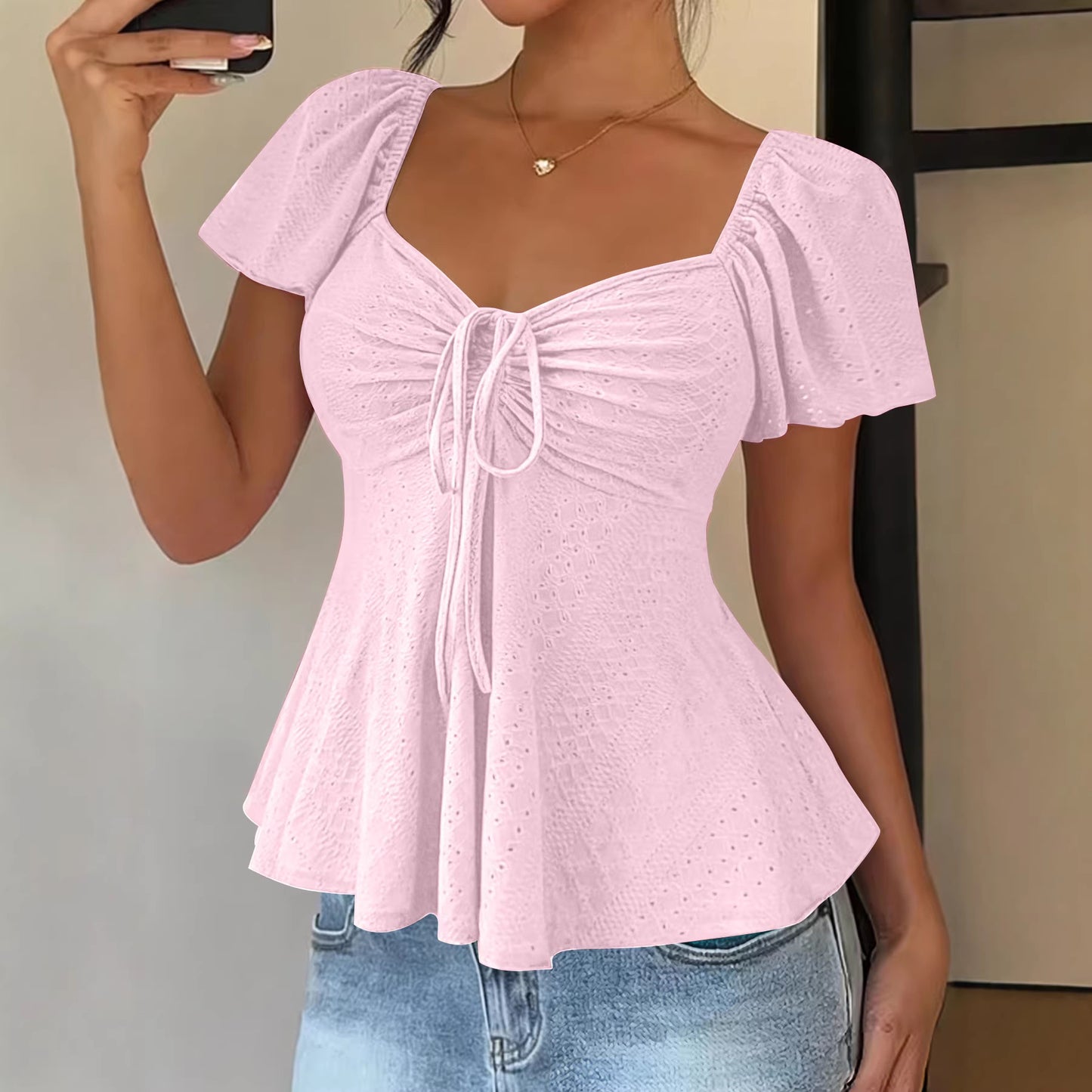 Women's Collar Beam Tie Sexy Sleeve Solid Shorts