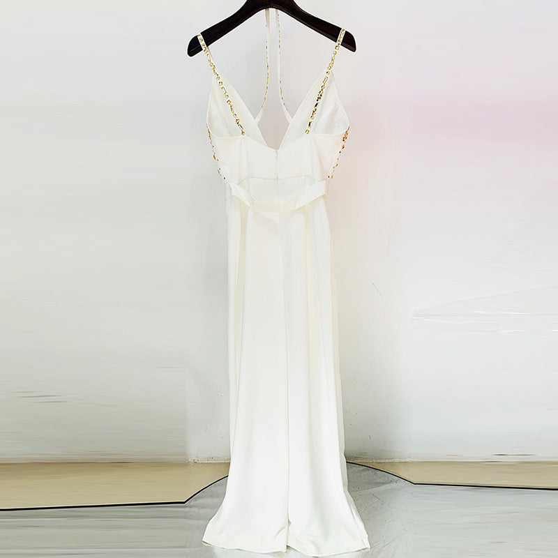 Fashion Handmade Beaded Sequins Sexy V Sling Women's Jumpsuit/clothing