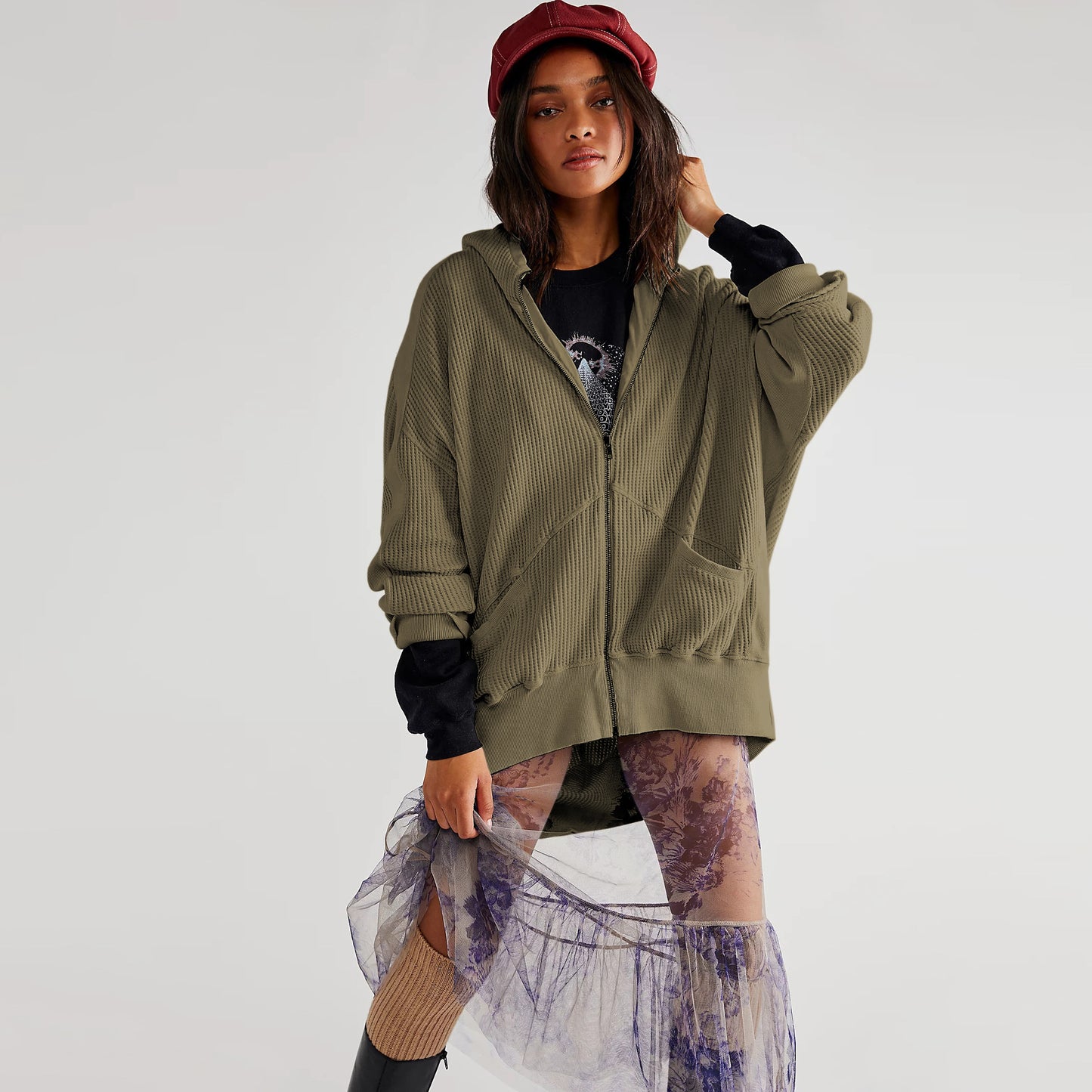 Women's Waffle Zipper Idle Style Loose Wear Cardigans