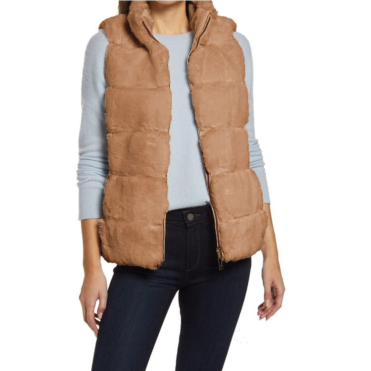 Women's Large Solid Color Stand Collar Plush Imitation Women's Vest