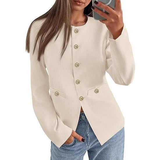 Women's Round Neck Long Sleeves Button Pocket Blouses