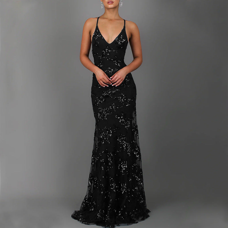 Women's Dress Brace Backless Sequined Gown Dresses