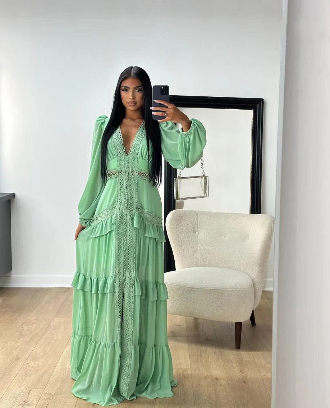 Women's Elegant Stitching Long Sleeve Dress Chiffon Dresses
