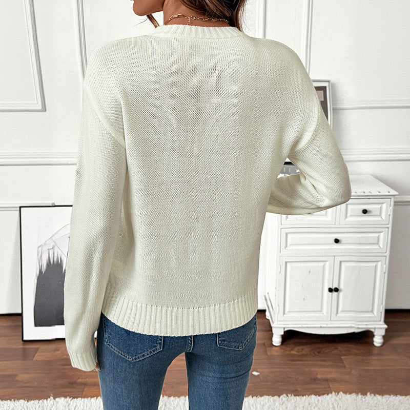 Women's Sweet Round Neck Pullover Embroidered Sweaters