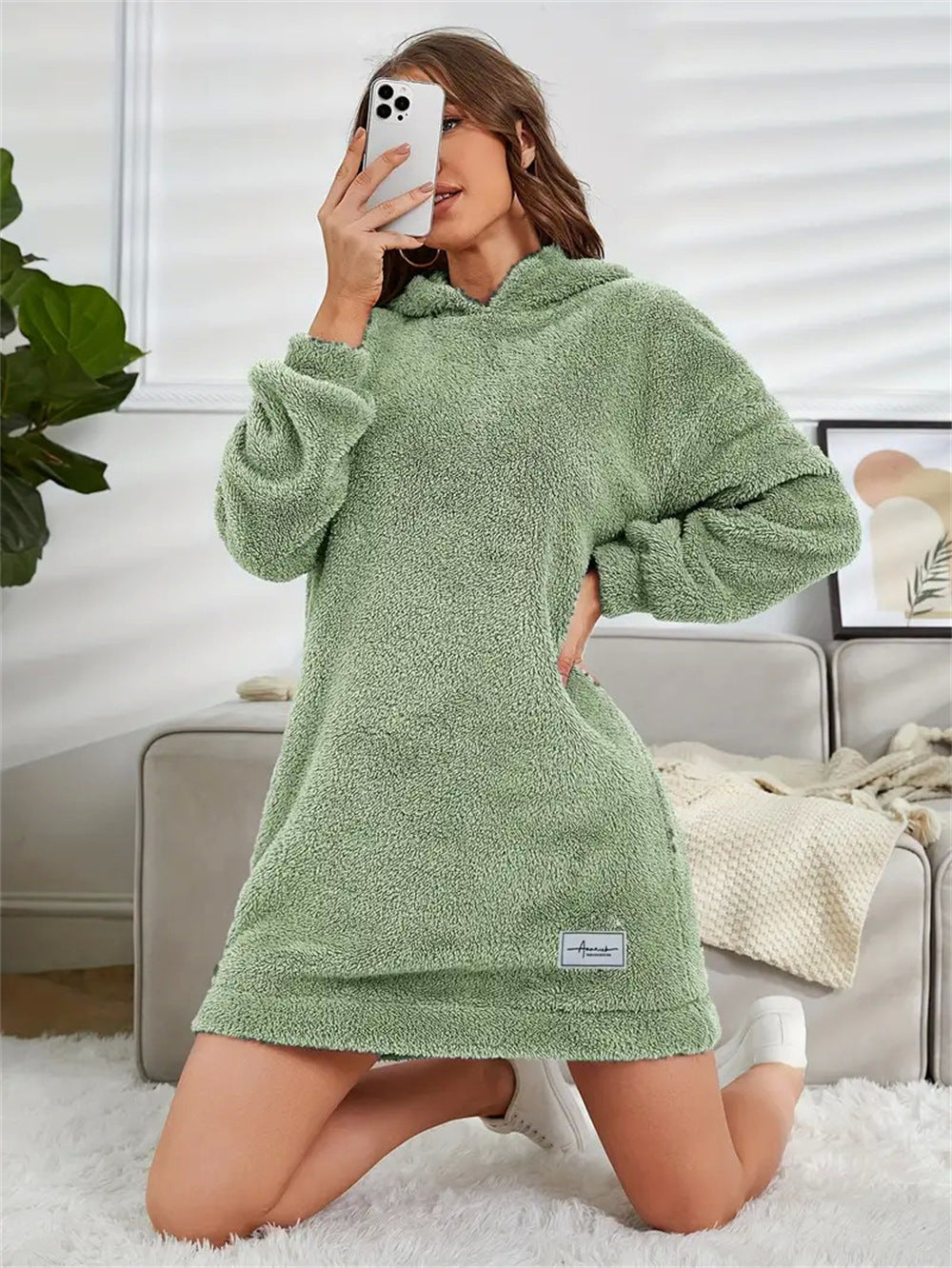 Women's Hooded Long-sleeved Plush Dress Loose Hoodie Women's Sweater, Sweater