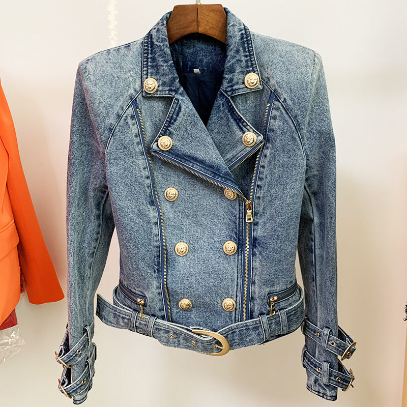Women's Lion Buckle Double Zipper Washed Denim Jackets
