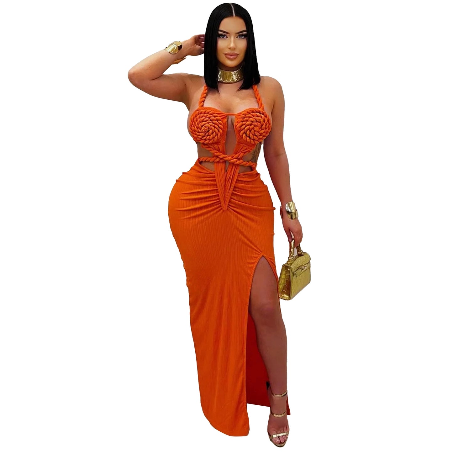 Women's Wear Halter Woven Hollowed Sexy Slit Dresses