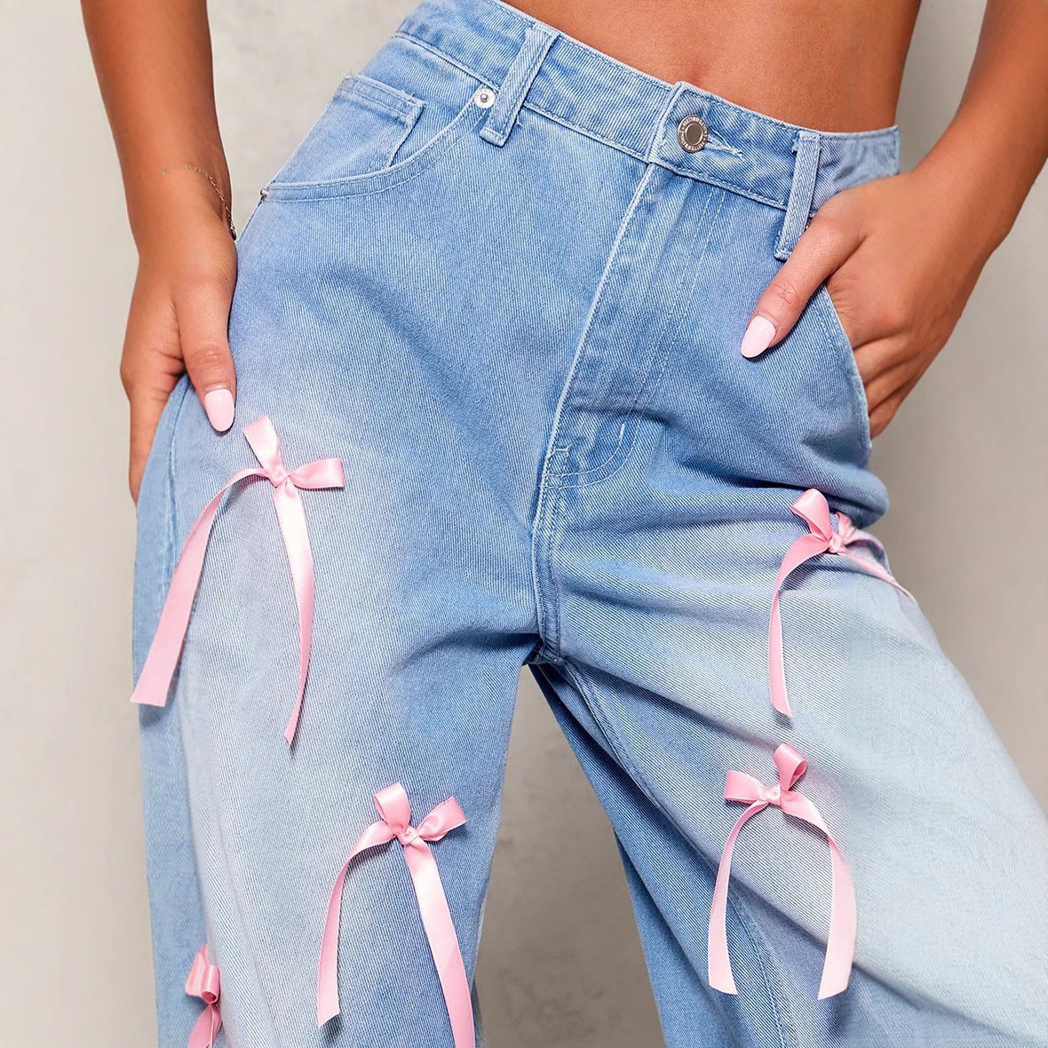 Women's Bow High Waist Wide Leg Street Distressed Loose Women's Jeans