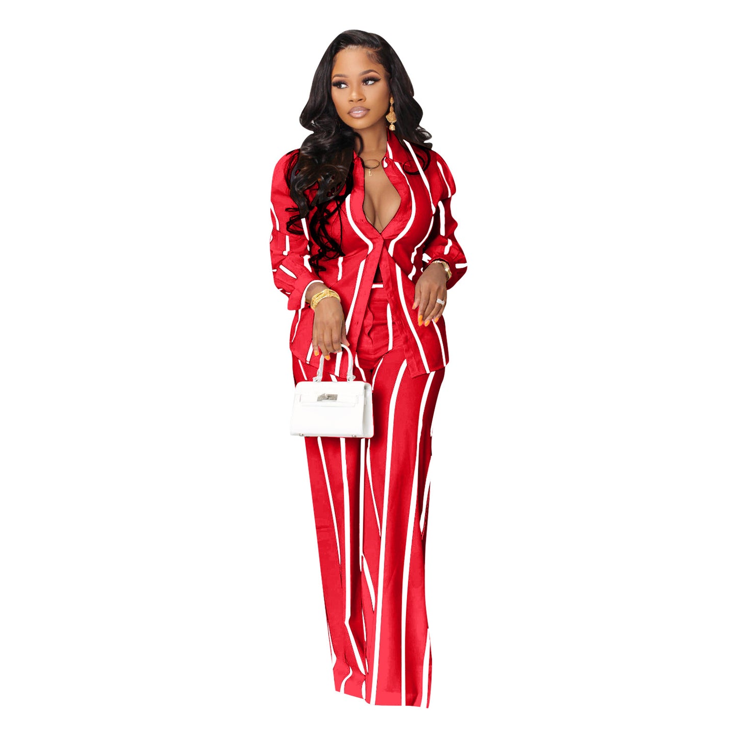 Women's Striped Shirt Outfit Two-piece Long Sleeve Suits
