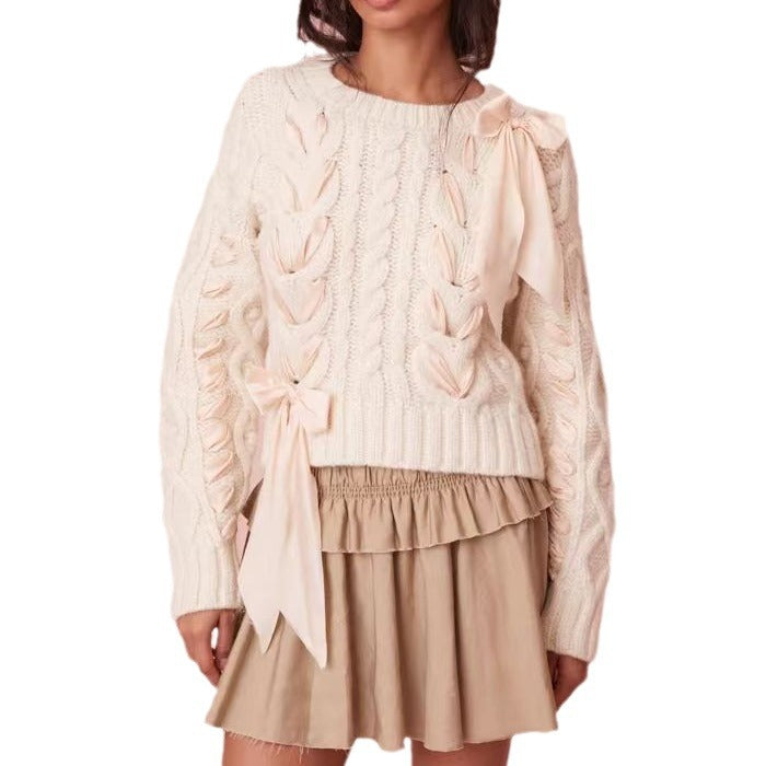 Women's Personalized Design Round Neck Bow Collar Ribbon Sweaters