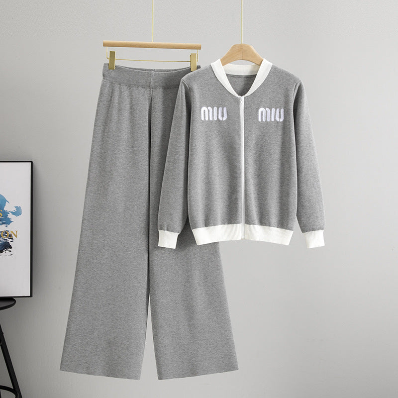 Women's Knitted Zipper Woolen Casual Trousers Two-piece Suits