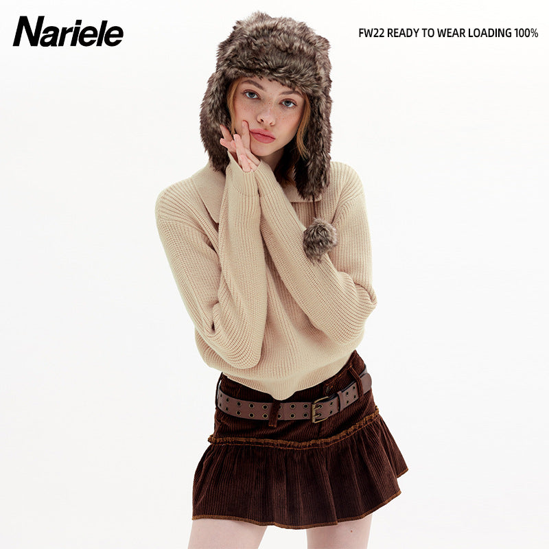 Women's Color Lapel Korean Style Idle Minimalist Design Knitwear