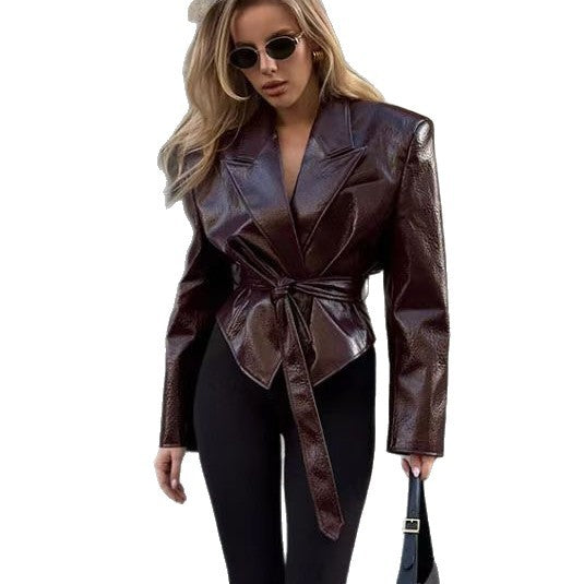 Pattern Leather Slim Fit Fitted Waist Jackets