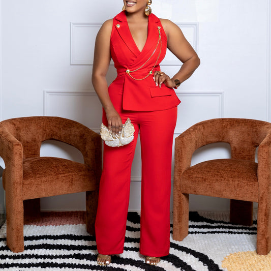 Women's Collar Sexy Fashion Chain Casual Wide Jumpsuits
