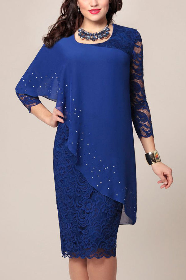 Solid Color Lace Stitching Elegant Cropped Sleeves Dresses