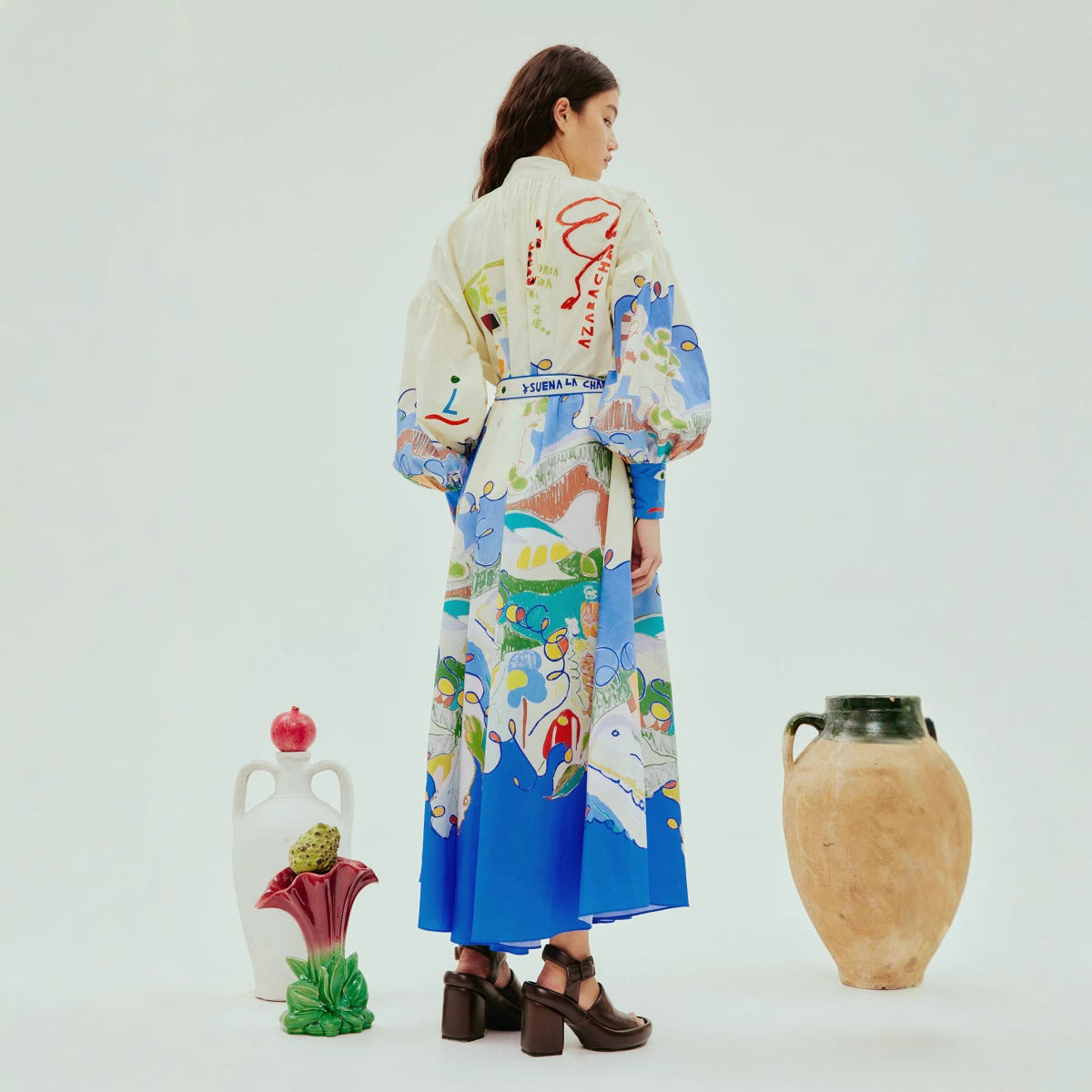 Single-breasted Long Lantern Sleeve Iti Printing Dress
