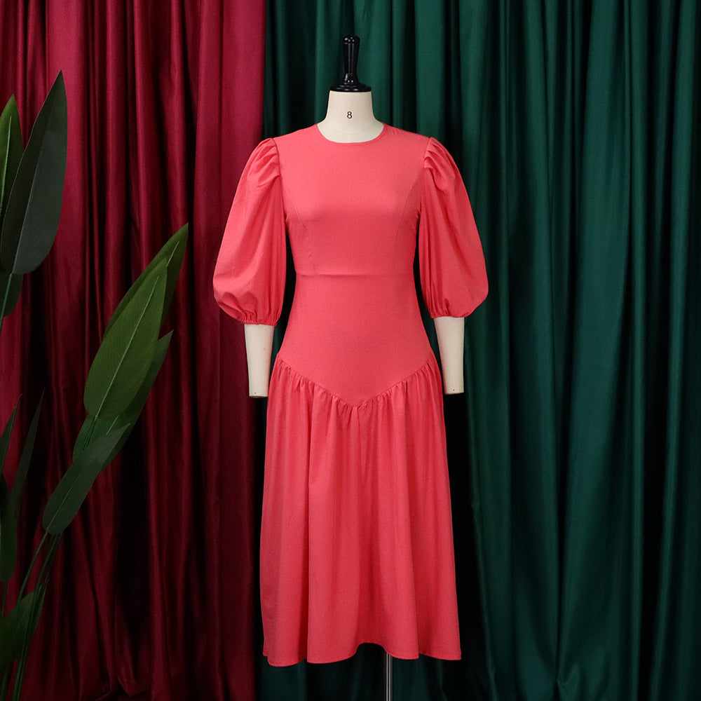 Women's Pleated African Fashion Puff Sleeve Dress