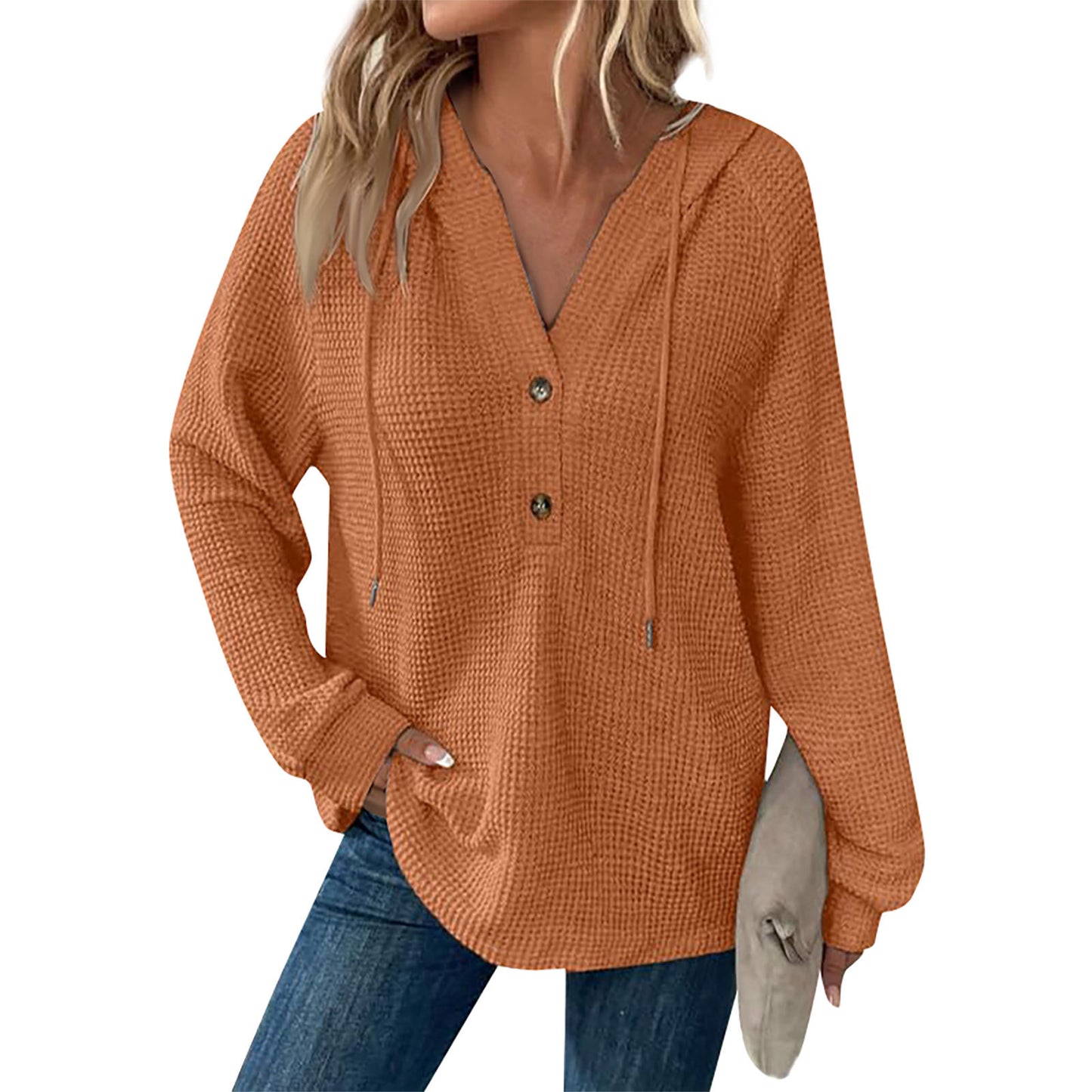 Women's Color Waffle Hooded Button Loose Long Women's Sweater, Sweater