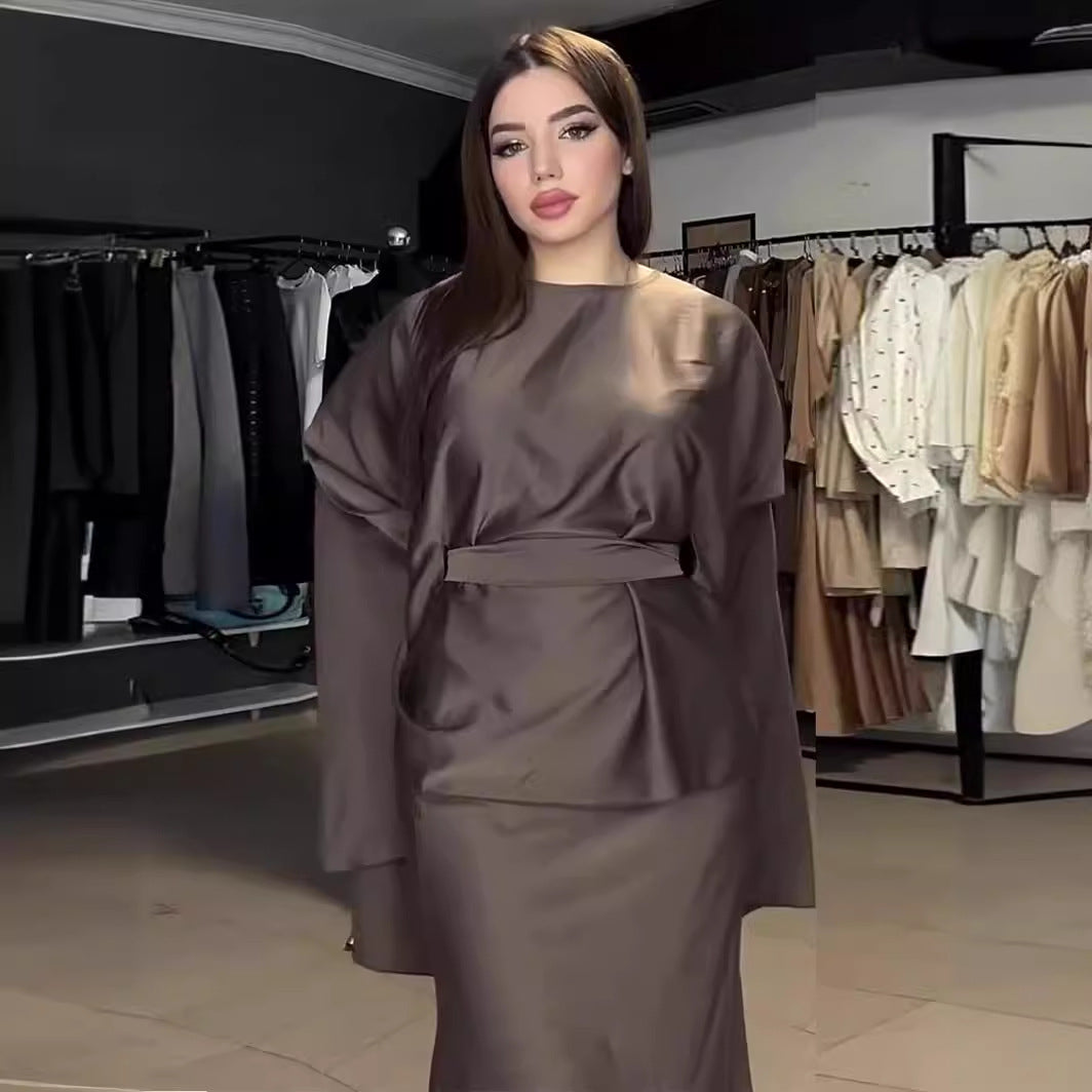 Spring Long-sleeved Dress Batwing Sleeve Waist Draping Dresses