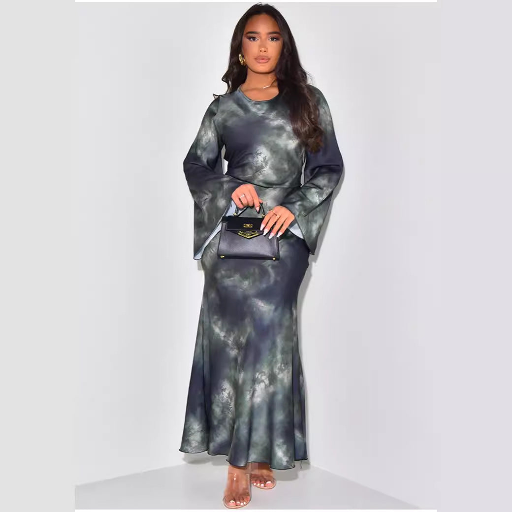 Loose Printed Casual Long Satin Dress Dresses