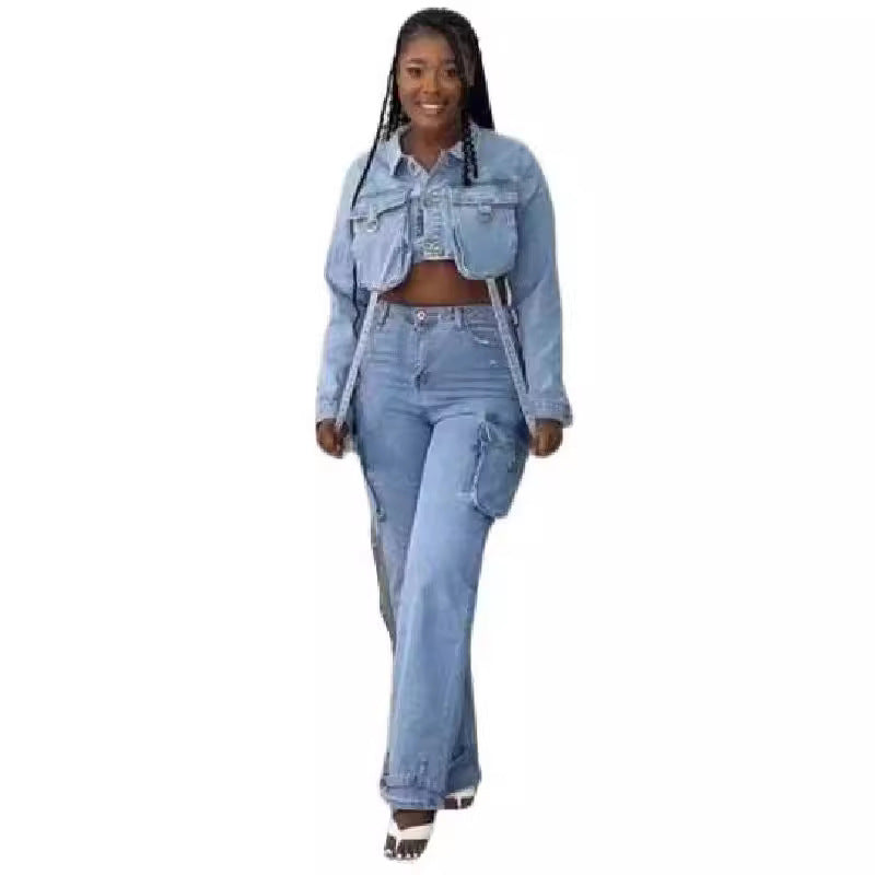 Women's Personalized With Pocket Denim Trousers Two-piece Suits