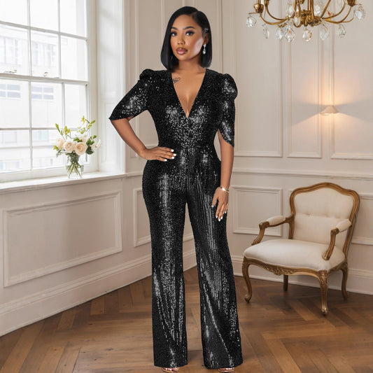 Women's Sexy Half-sleeve Slim Fit Sequined Party Jumpsuits