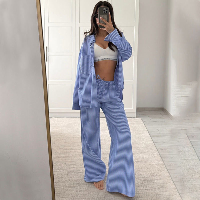 Women's Striped Casual Simple Long-sleeved Trousers Loose Suits