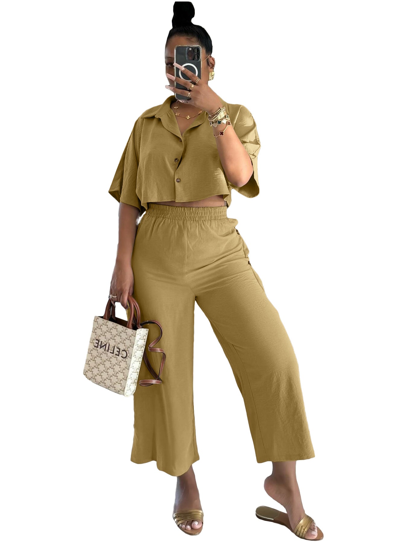 Classic Women's Cropped Lapel Shirt Two-piece Fashion Casual Suit
