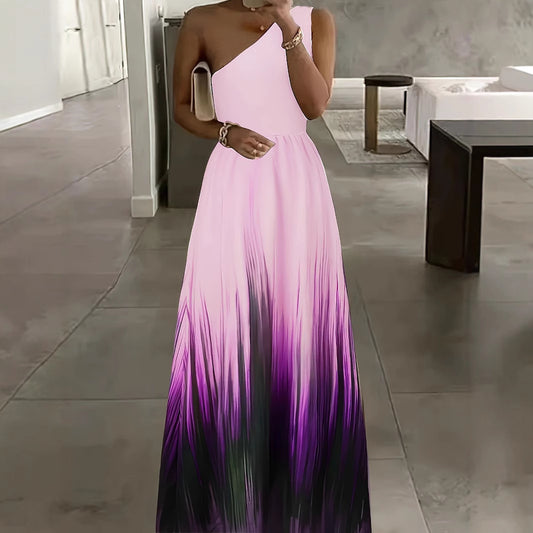 Fashion Gradient Color Sleeveless Slant Shoulder Sexy Party Dress
