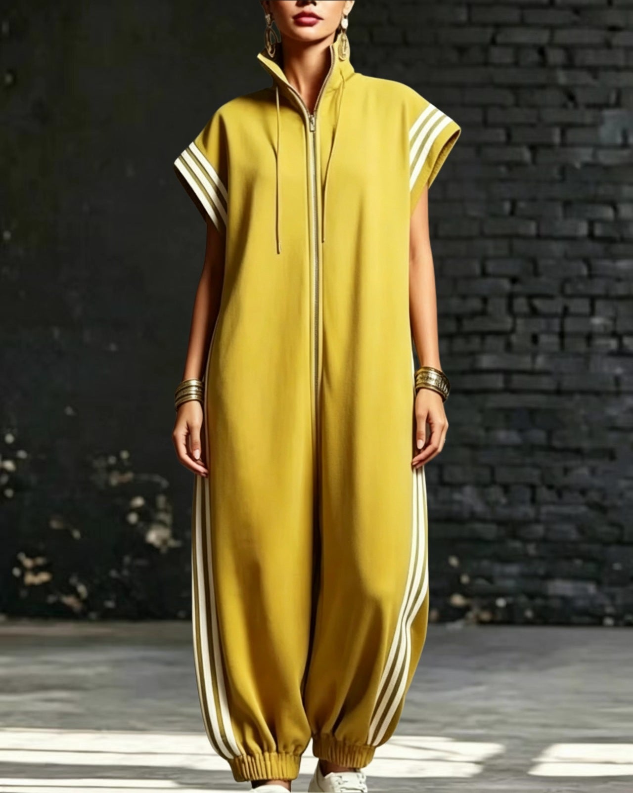 Women's Zipped Stand Collar Striped Contrast Color Jumpsuits