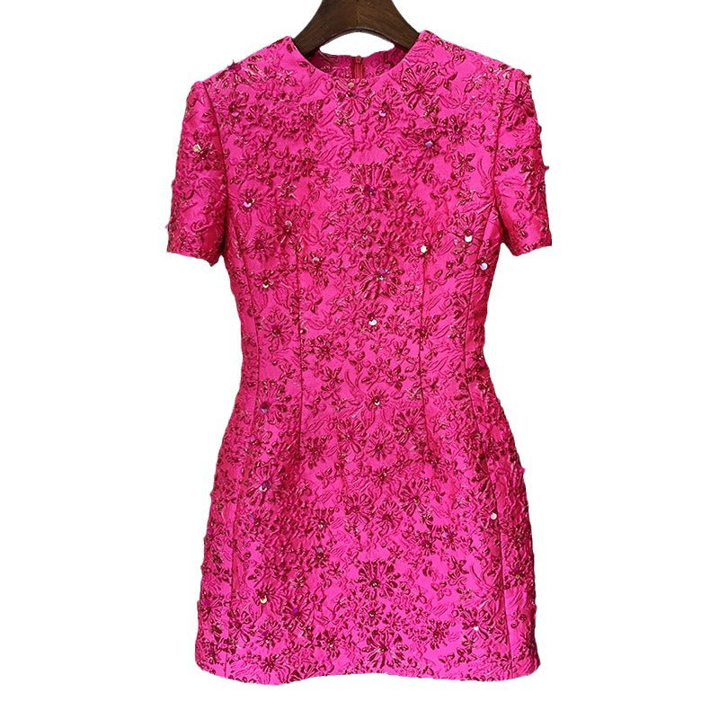 Fashion Rose Pink Series Jacquard Beaded Dress