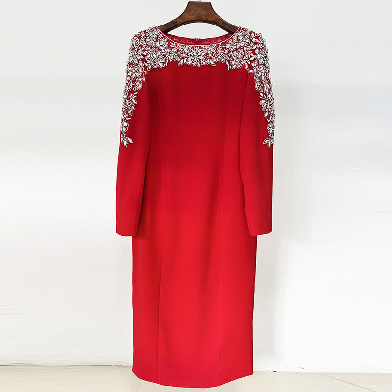 Fashion Stitching Mesh Beads Rhinestones Mid-length Dress