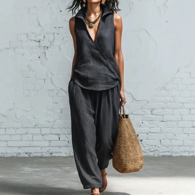 Women's Simple Lapel Shirt Wide Leg Linen Pants