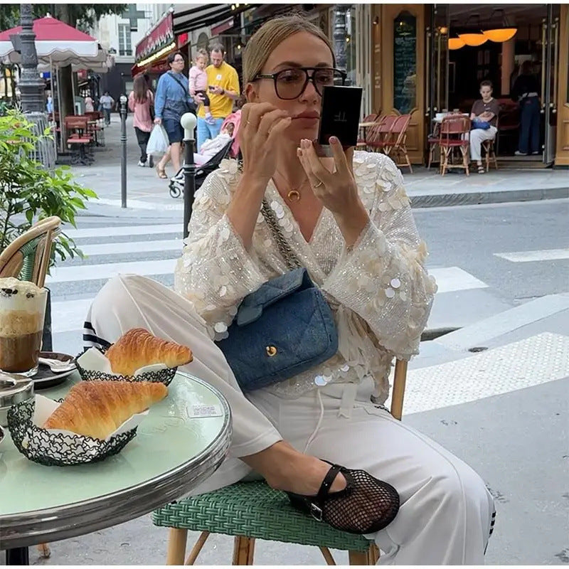 Women's Slouchy Sequin Decorative Kimono Long-sleeved Blouses