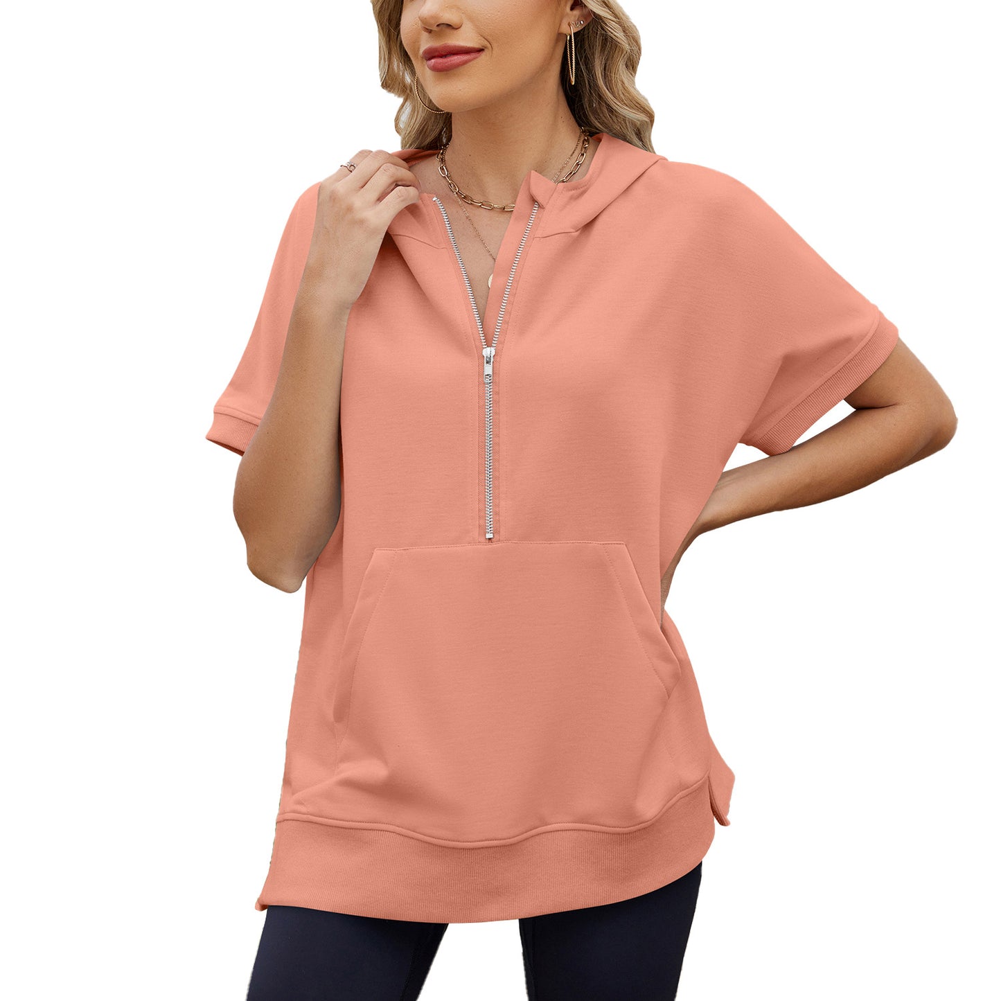 Loose Sleeve Zipper Pocket Thin Hoodies Women's Sweater, Sweater