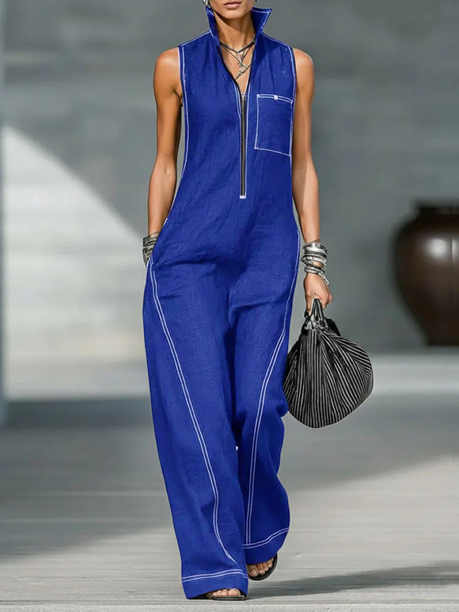 Women's Stand Collar Sleeveless Casual Loose Cotton Women's Jumpsuit/clothing